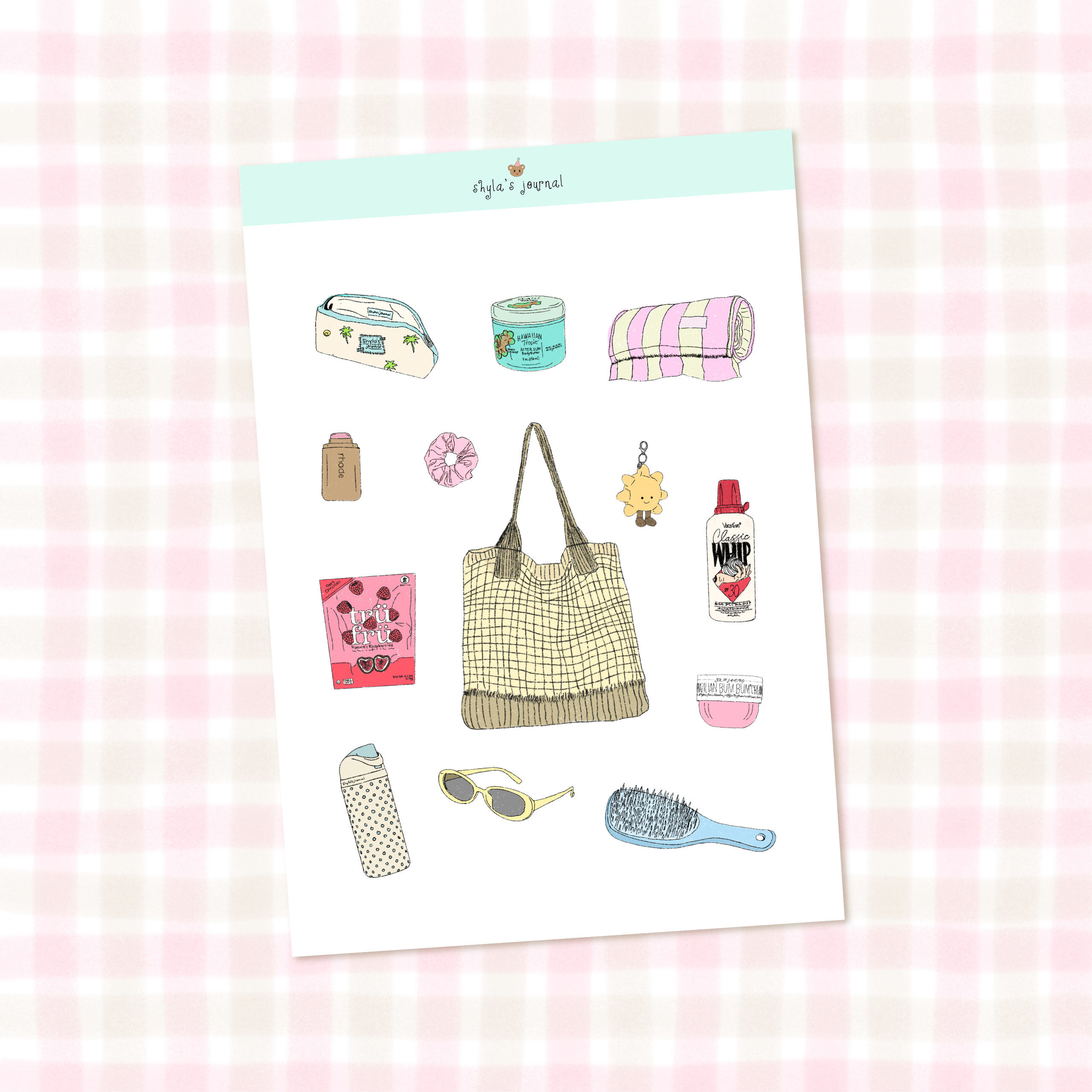 beach bag essentials sticker sheet