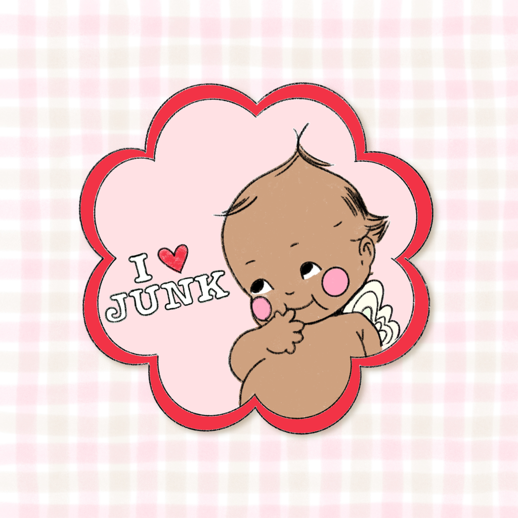 "i love junk" kewpie sticker