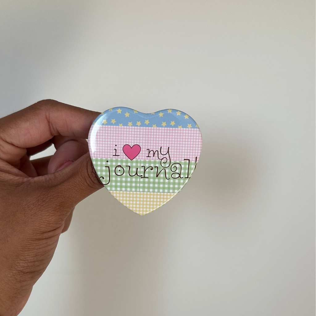 i love my journal! heart-shaped button pin